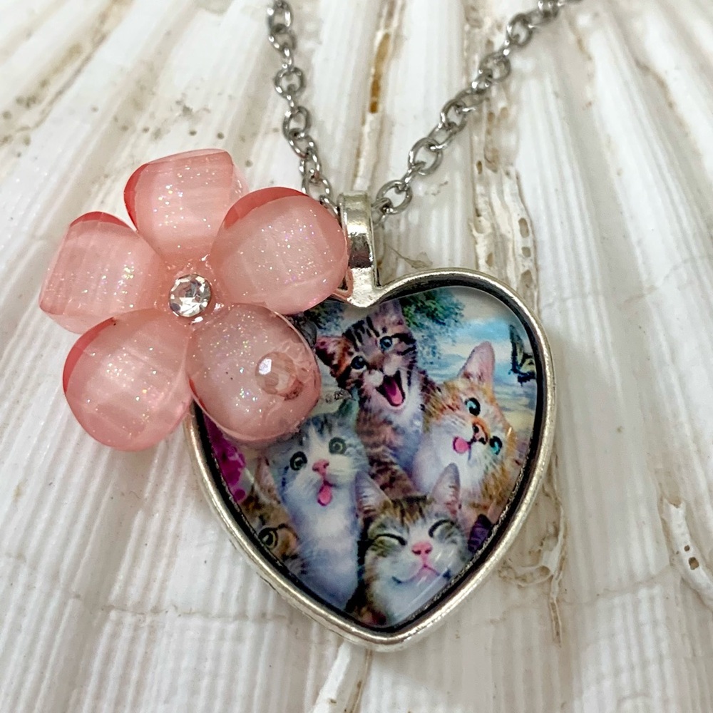 Bohemian Floral  Crystal Kitten Glass Globe Heart Shape Necklace